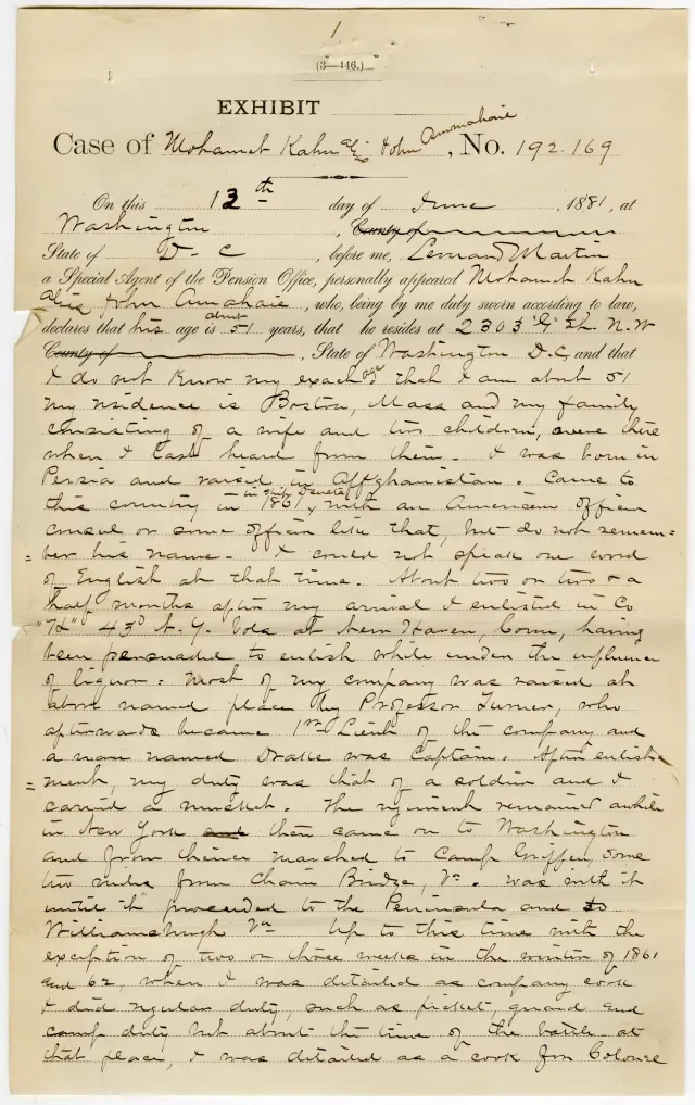 1881 pension exhibit page from the file of Private Mohammed Kahn, in which he states he was born in Persia and raised in Afghanistan