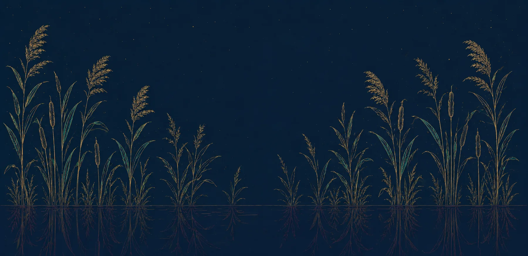 A bed of reeds at night — champagne stems above the waterline, plum reflections beneath